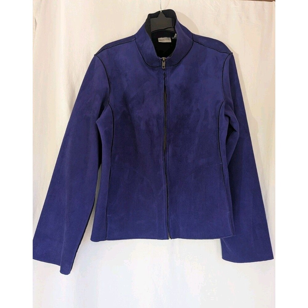 Chico's Jacket Women's Sz 1 Purple Velour Full Zip Pockets Collared